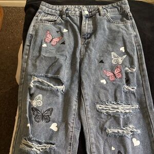 SHEIN Blue Jeans with Butterfly and Heart Accents